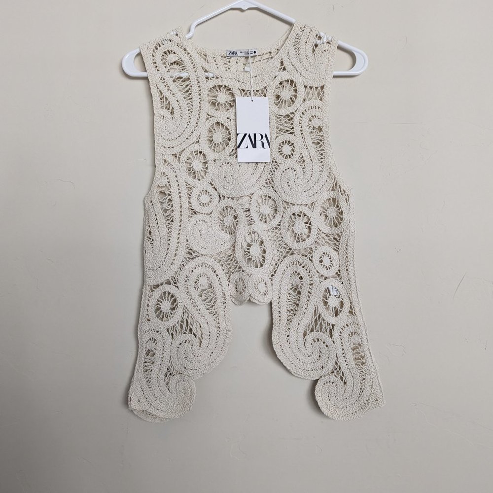 ZARA NEW ASYMMETRIC CROCHET TOP STRAW BEIGE S,M - Picture 12 of 17